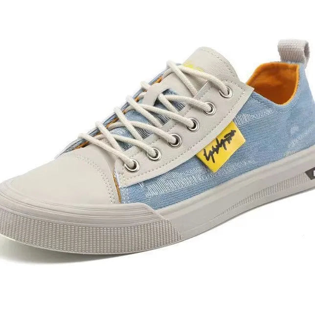 Men's round toe canvas shoes in dark blue with rubber sole and lace-up front