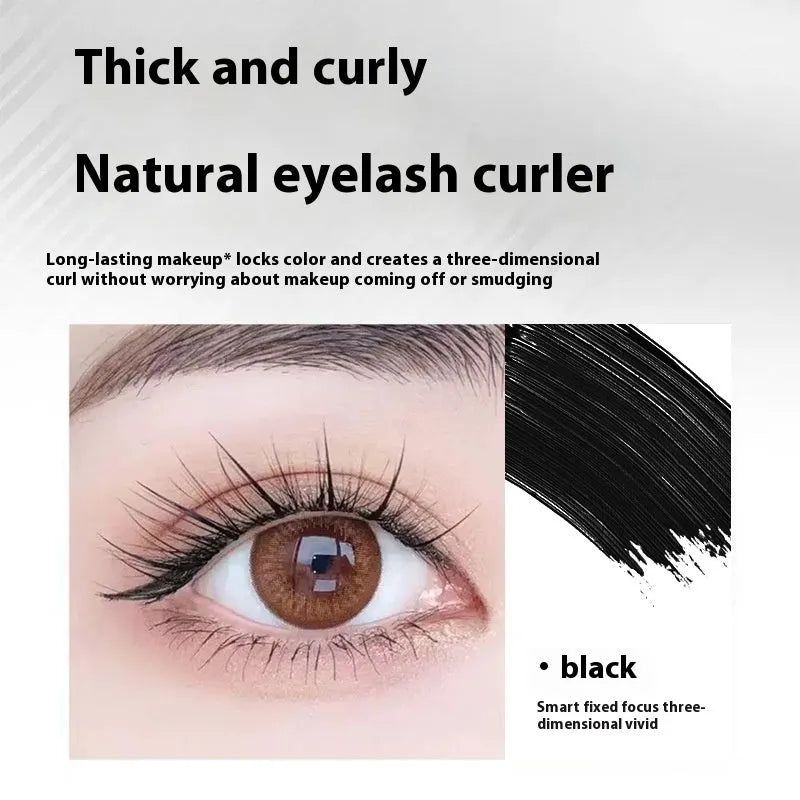 Black waterproof mascara in a steel tube, shown with an eyelash curler option.