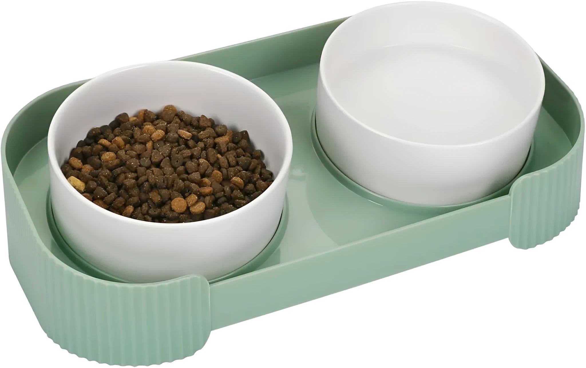 Green elevated ceramic cat bowl set with two bowls on a tilted stand, showing non-slip base.