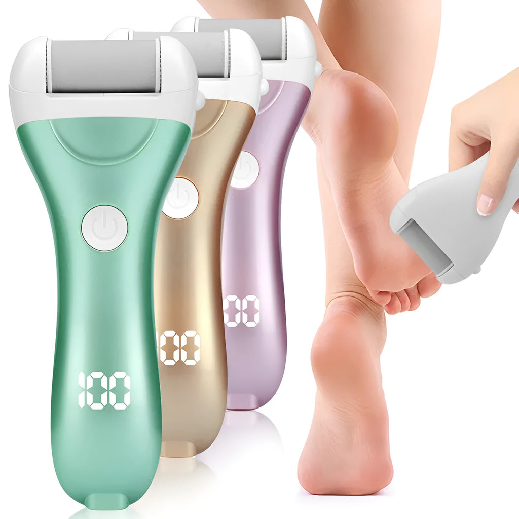 Charged electric foot file with three interchangeable heads in golden, green, and pink colour options