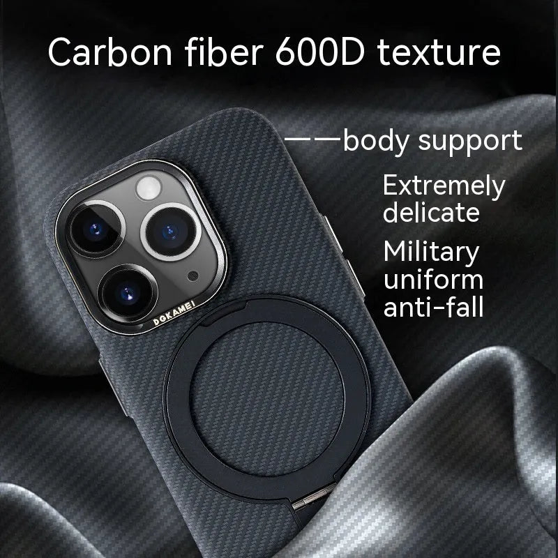 Carbon fibre phone case with magnetic bracket for Apple iPhone in graphite black