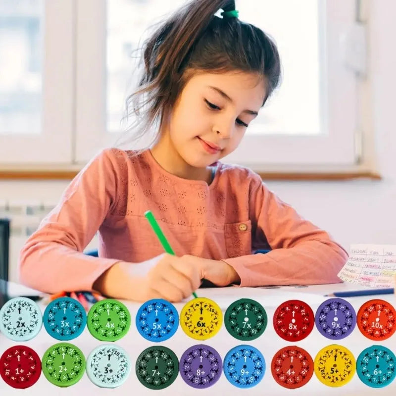 Nine plastic math fidget spinners in two colour sets for addition subtraction and multiplication division