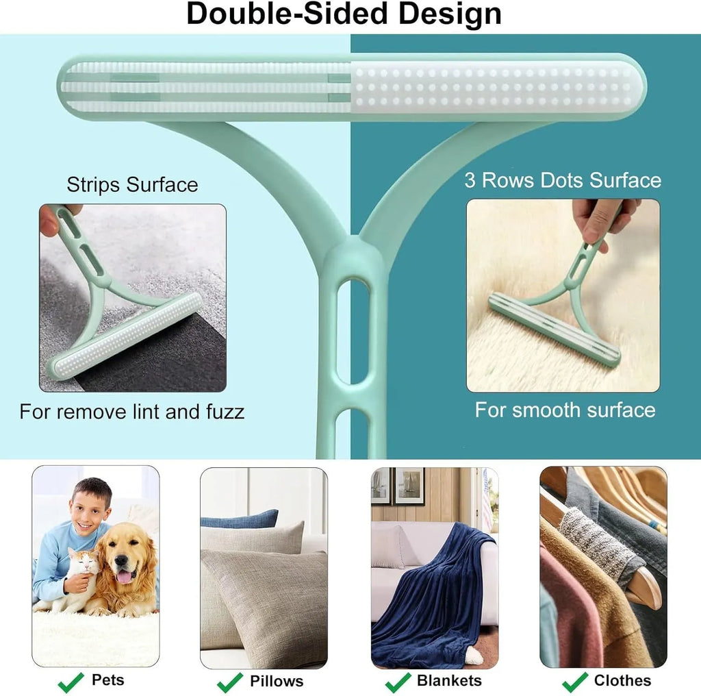 Green 3-piece pet hair remover set showing metal lint tool, silicone brush, and round cleaner for sofas and cars.