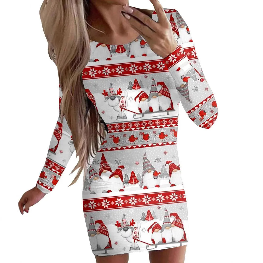 Christmas animal print narrow dress in floral colours with hip skirt and regular sleeves
