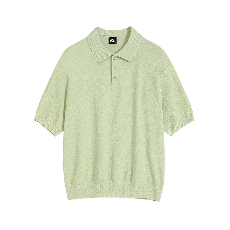 Men's caramel coloured retro knitted polo shirt with short sleeves and an asymmetric design detail.