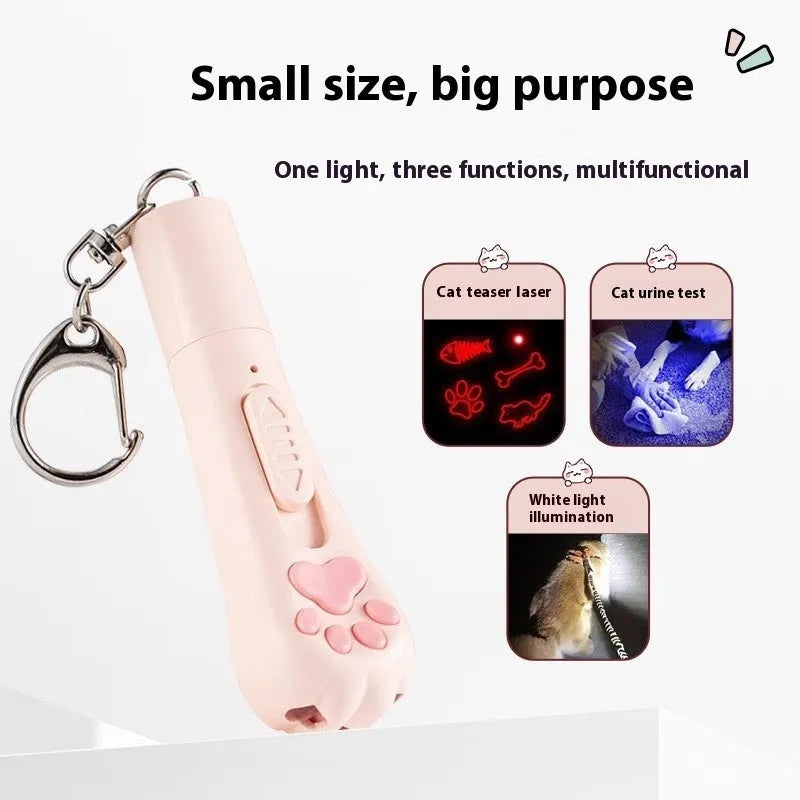 Pink USB-rechargeable cat teaser wand with feather, showing light and vibration functions for interactive play.