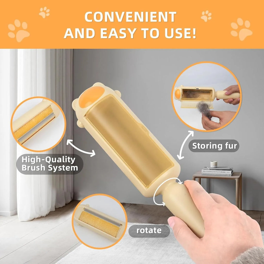 Blue reusable pet hair roller with self-cleaning base for furniture and car seats.