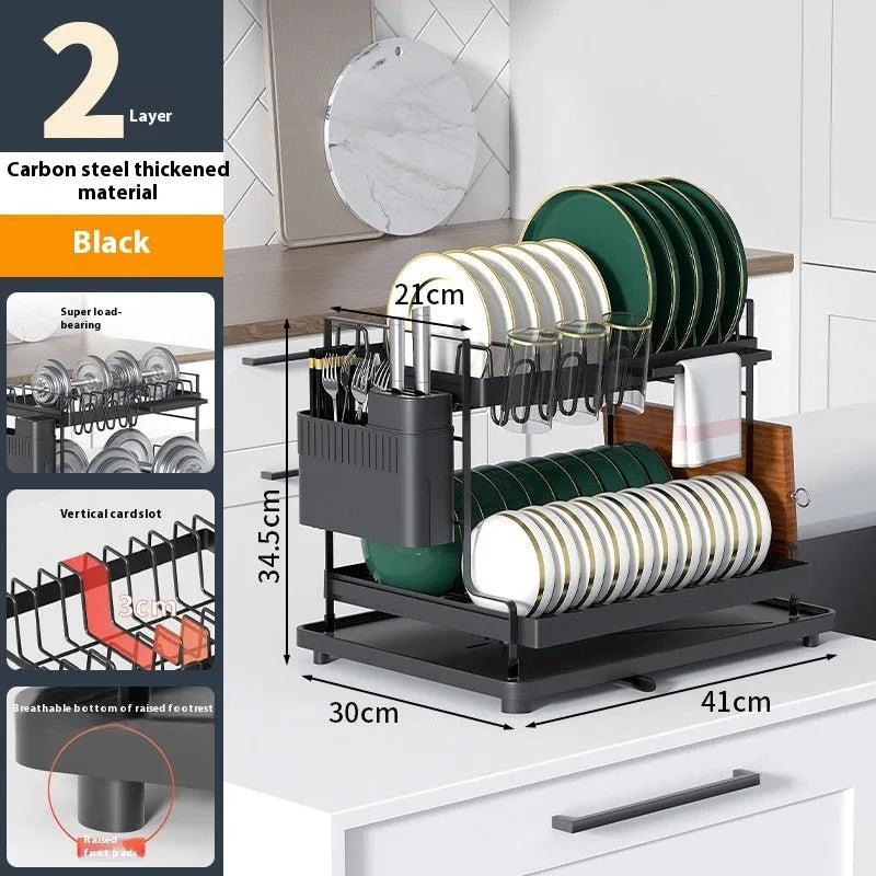 White double-layer kitchen storage rack with removable draining tray on top and a lower storage shelf