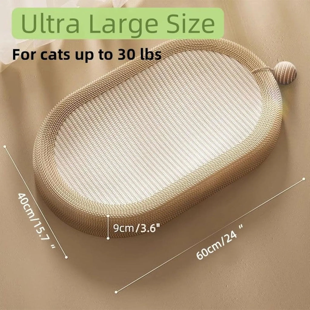 Large rectangular sisal cat scratching board with a raised lounge bed on top, showing two size options.