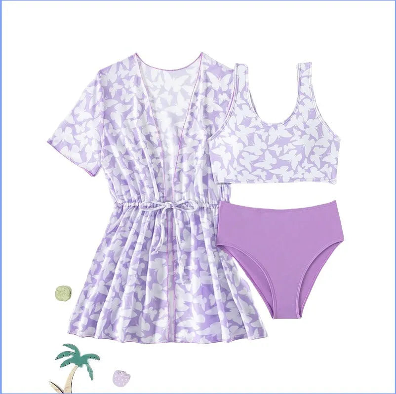 Three piece girls swimsuit cover-up set comprising coat, vest and pants in colour 3218