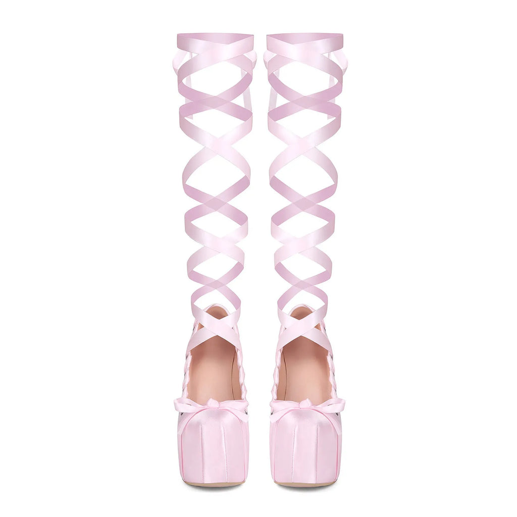 Pink women's chunky heel lace-up water platform pumps with round toe and imitation leather lining