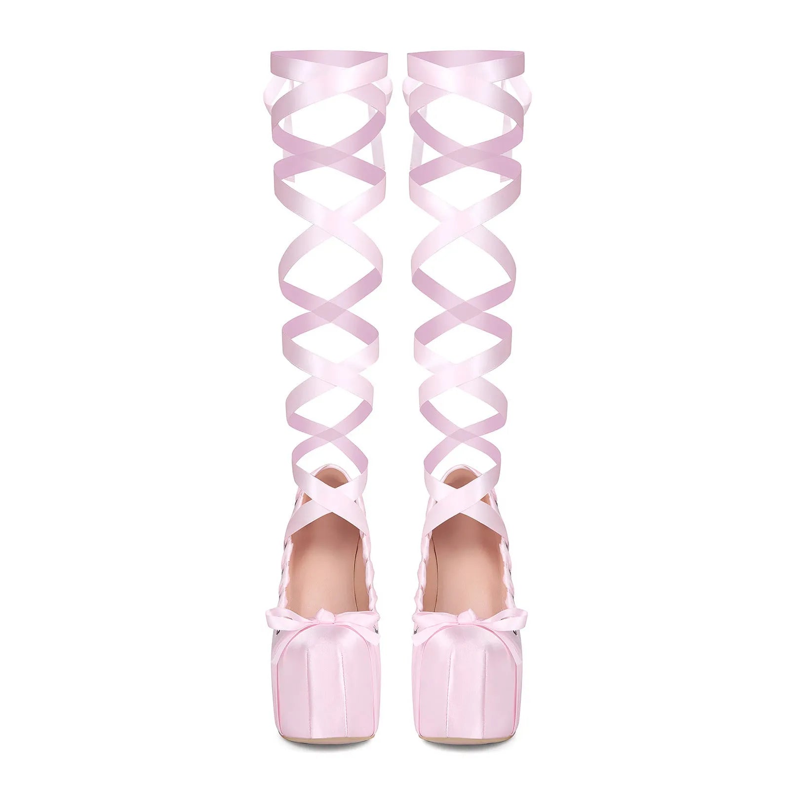 Pink women's chunky heel lace-up water platform pumps with round toe and imitation leather lining