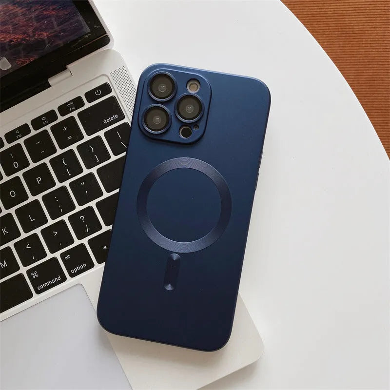 Magnetic suction liquid silica gel phone case with electroplated lens film for iPhone 15 16 series, available in multiple colours