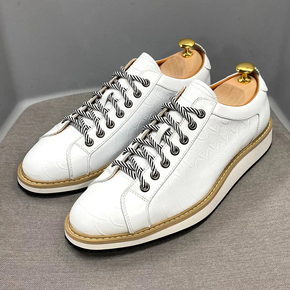 Men's low-top black lace-up shoes with an embossed pattern on the upper, featuring a white PU insole.