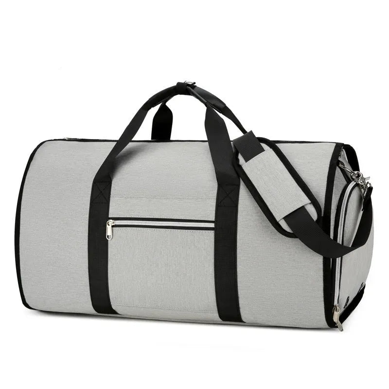 Oxford cloth multipurpose sports bag in grey, showing dry wet separation compartments and expansion feature.