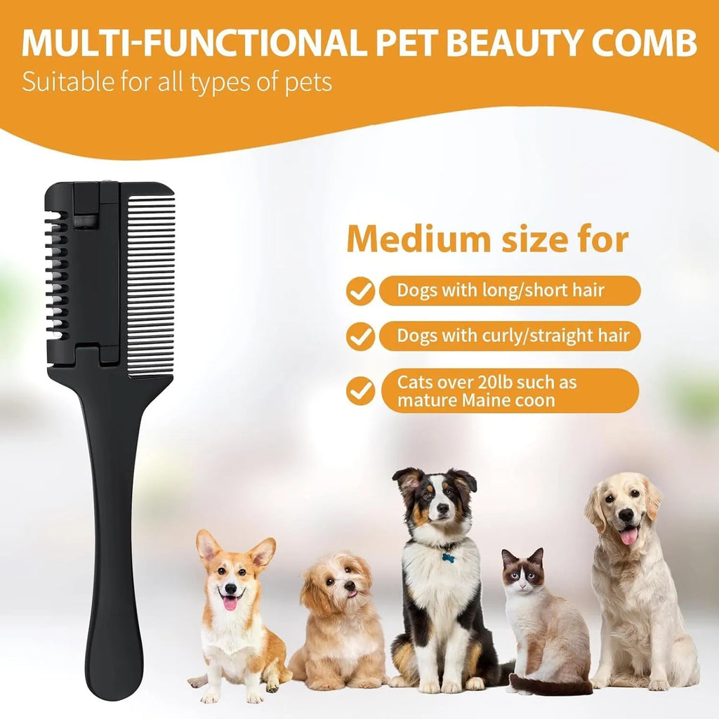 Pet razor comb grooming tool with comb teeth and integrated razor blade for dogs and cats
