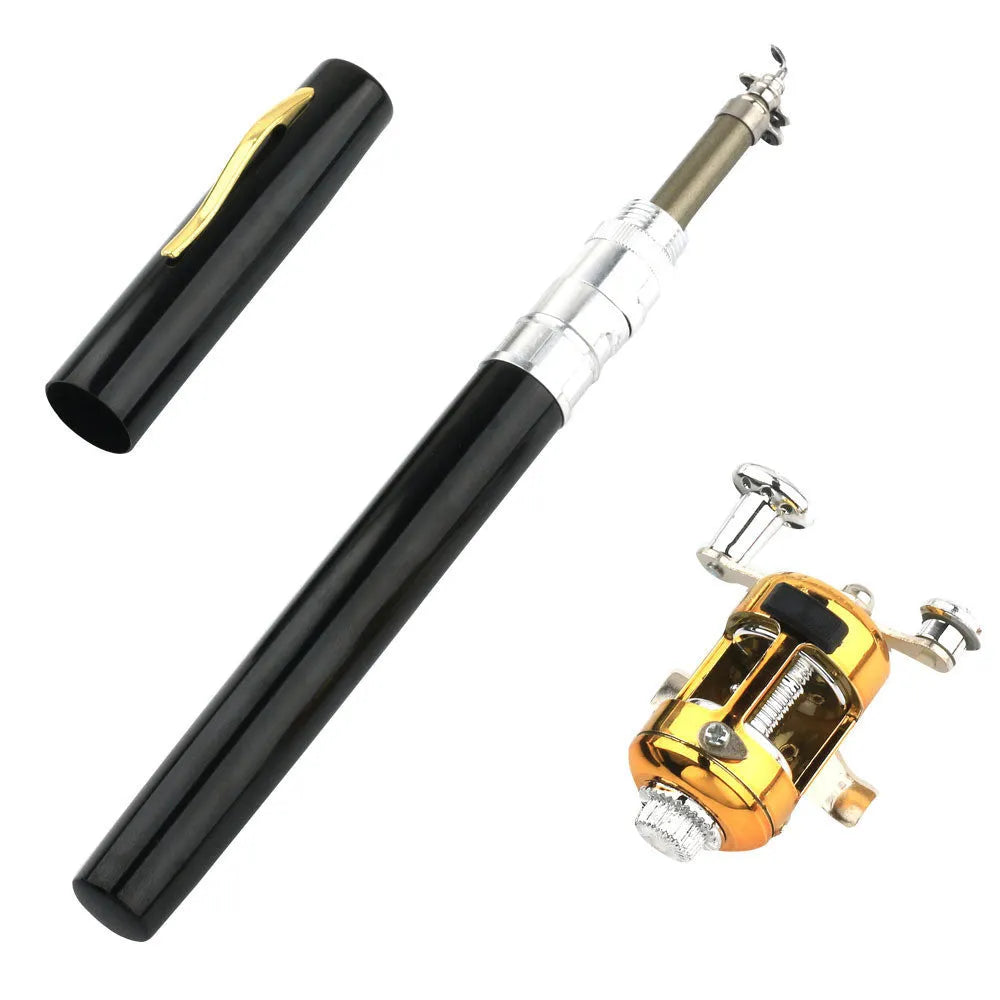 Gold telescopic pen fishing rod kit with black reel, collapsed in aluminium case and extended to 1 metre.