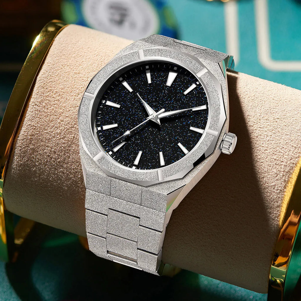 Men's stainless steel business watch with frosted case and luminous markers in silver, gold, or black