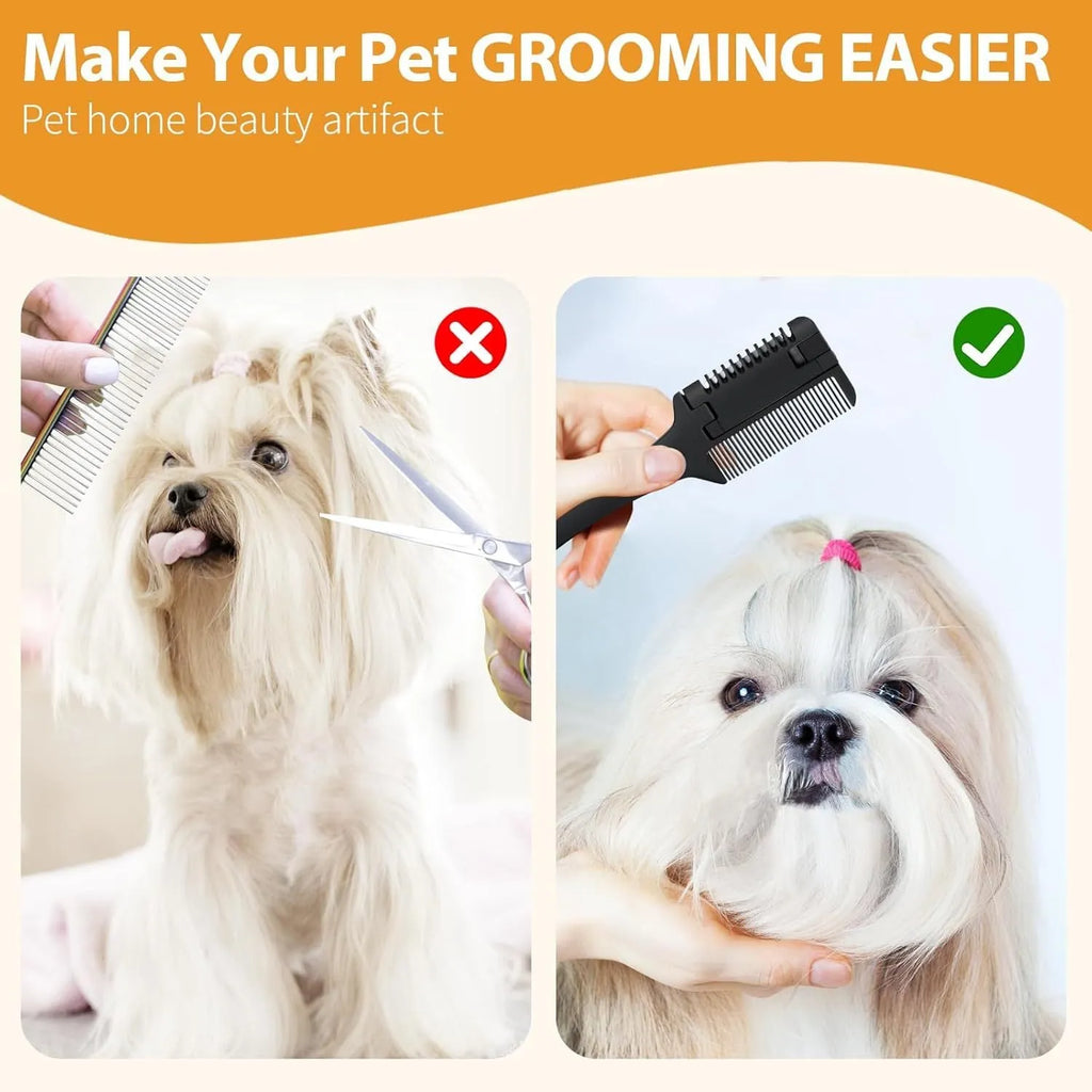 Pet razor comb grooming tool with comb teeth and integrated razor blade for dogs and cats