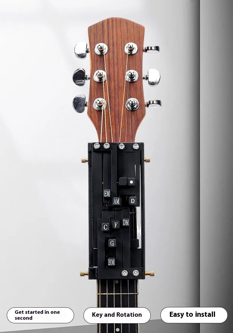 Black automatic chord practice device for folk guitar mounted on guitar neck