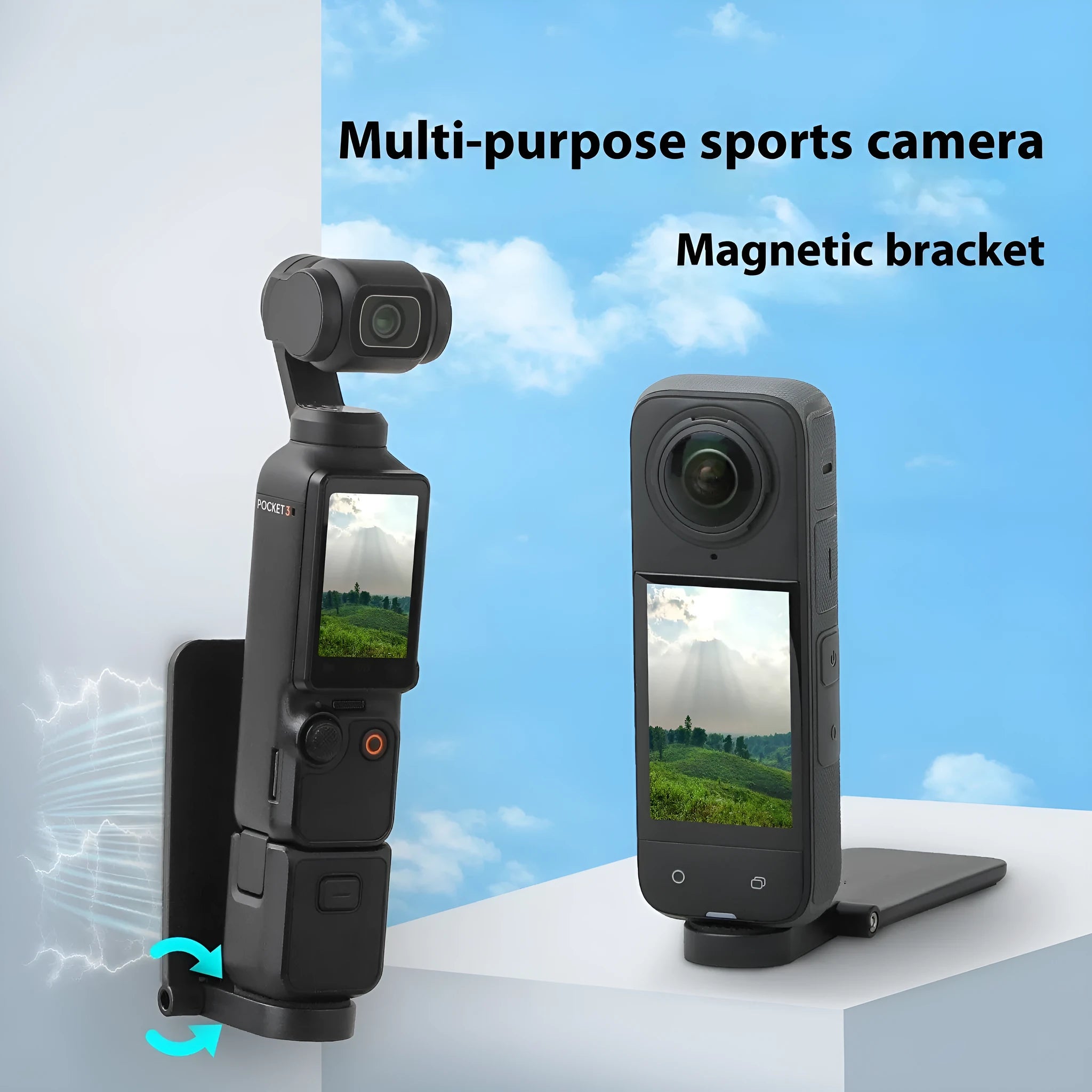 Black magnetic bracket base accessory for Insta360 X4 camera with adjustable angle handle