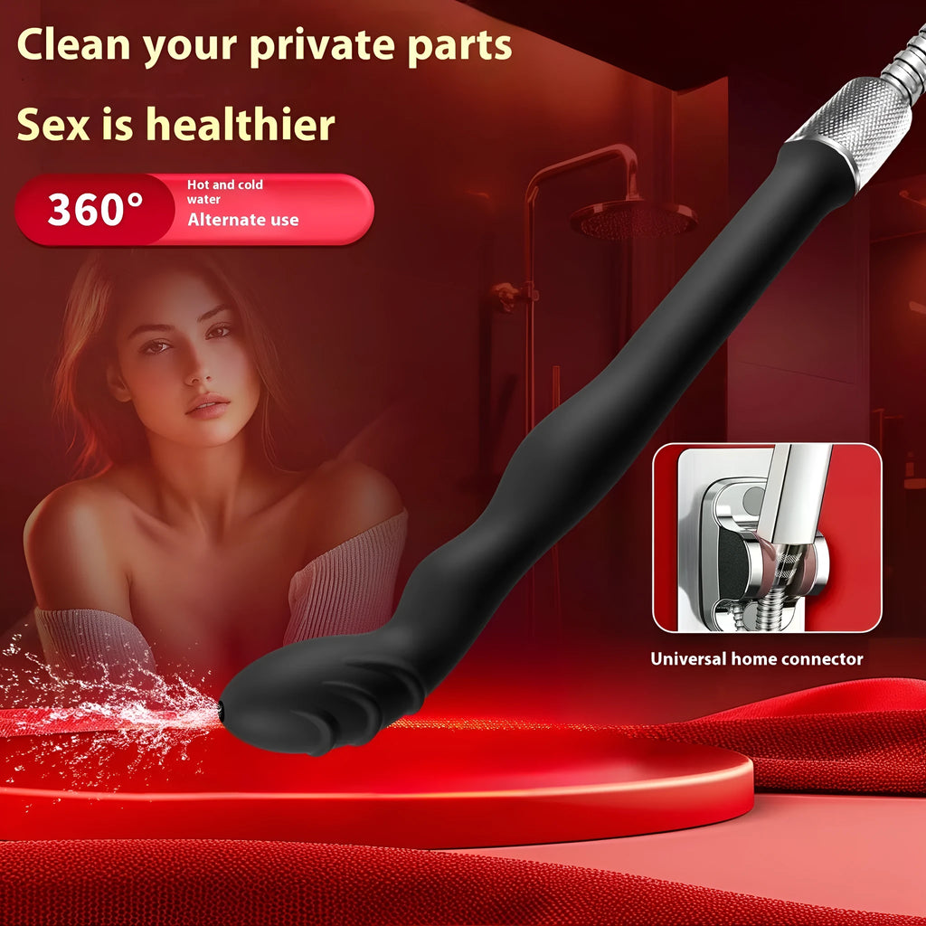 Black silicone hosepipe flusher with sausage filler head for outdoor cleaning.