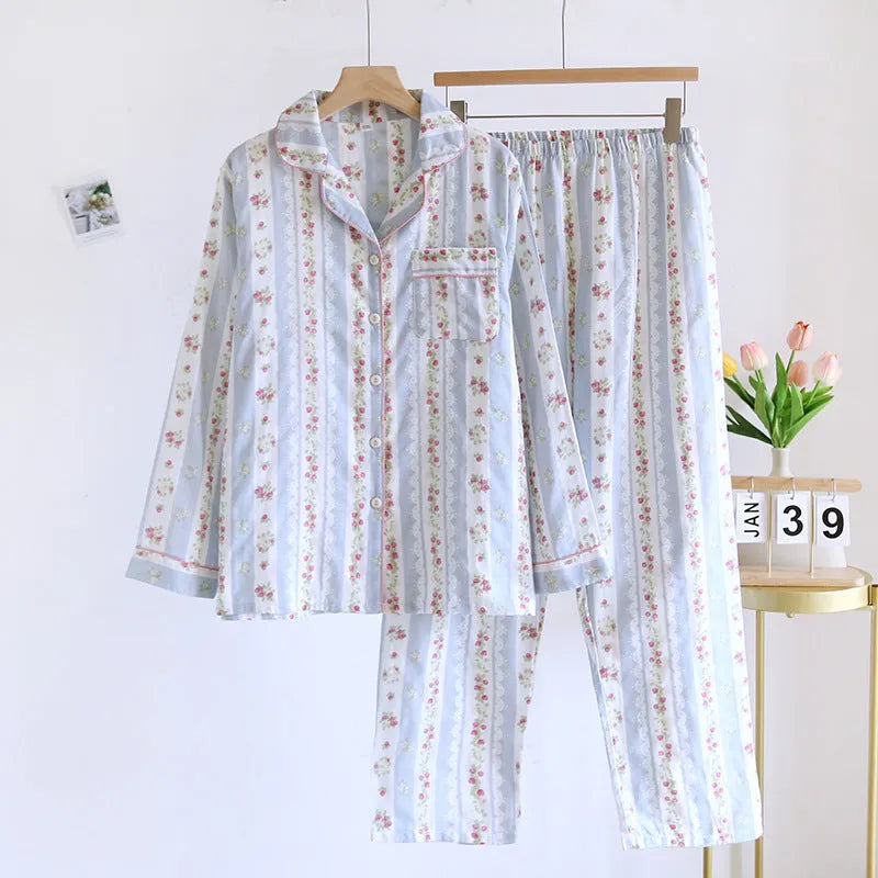 Ladies cotton gauze long sleeve top and trousers homewear set in colour stripes pattern