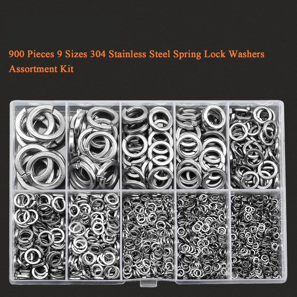 Open box showing assortment of 304 stainless steel spring lock washers in various sizes.