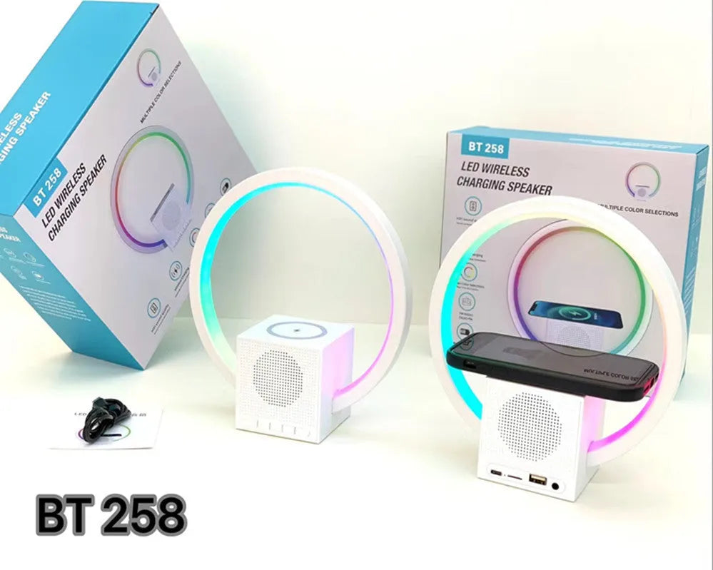 White smart ambience light with Bluetooth speaker, wireless charger, and card insertion, USB powered at 5V
