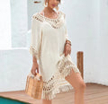 Apricot women's crochet knitted patchwork dress with half sleeves on a mannequin