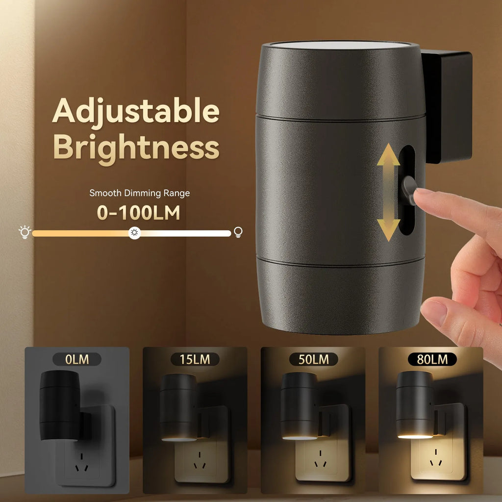 White plug-in night lamp with adjustable brightness control and rotatable light head