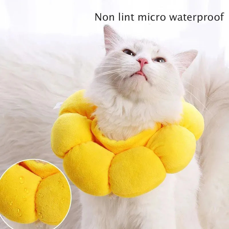 Sunflower-pattern cotton protective collar for dogs and cats, shown with adjustable band and size chart.