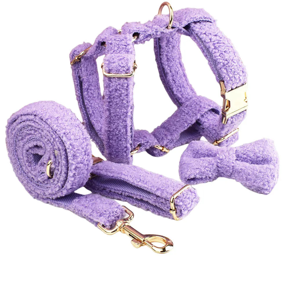 Purple dog collar, leash, vest and bow set for small pets in five size options