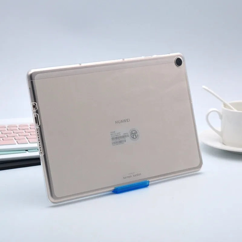 Clear transparent white ultra-thin silicone protective case for a tablet on a flat surface