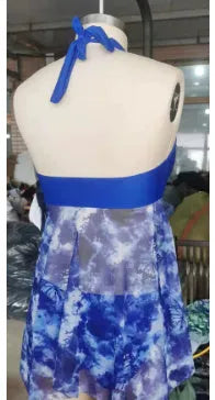Blue women's bikini swimsuit with briefs cut on a mannequin