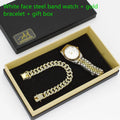 Men's steel bracelet watch with gold accents and matching sunglasses in gift box set
