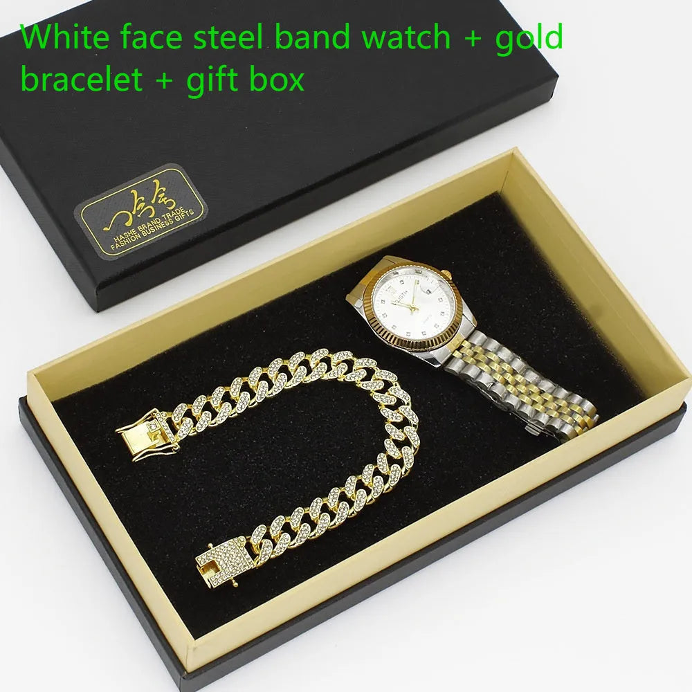 Men's steel bracelet watch with gold accents and matching sunglasses in gift box set