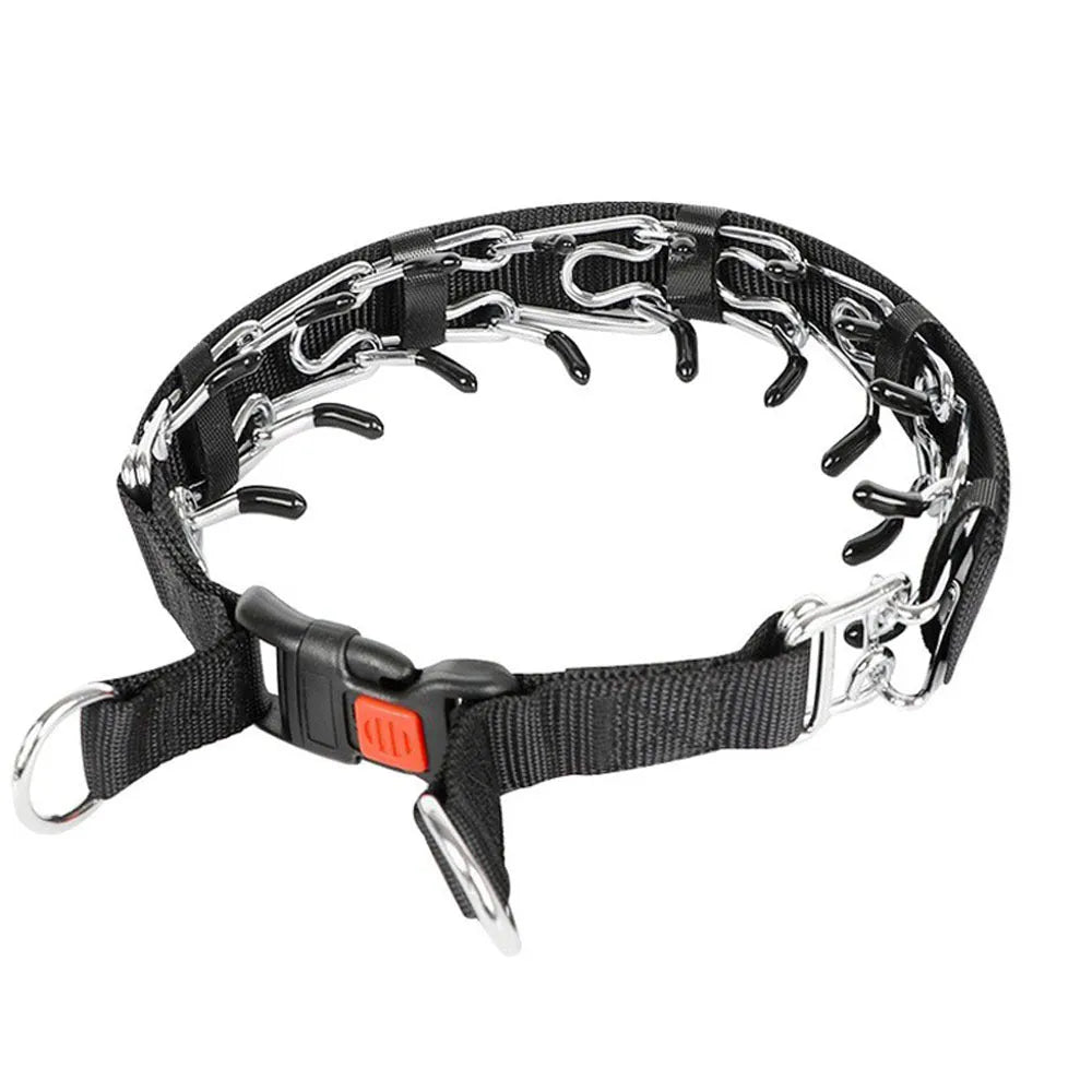 Dog training chain collar with a soft black neoprene cover shown on a size medium setting.