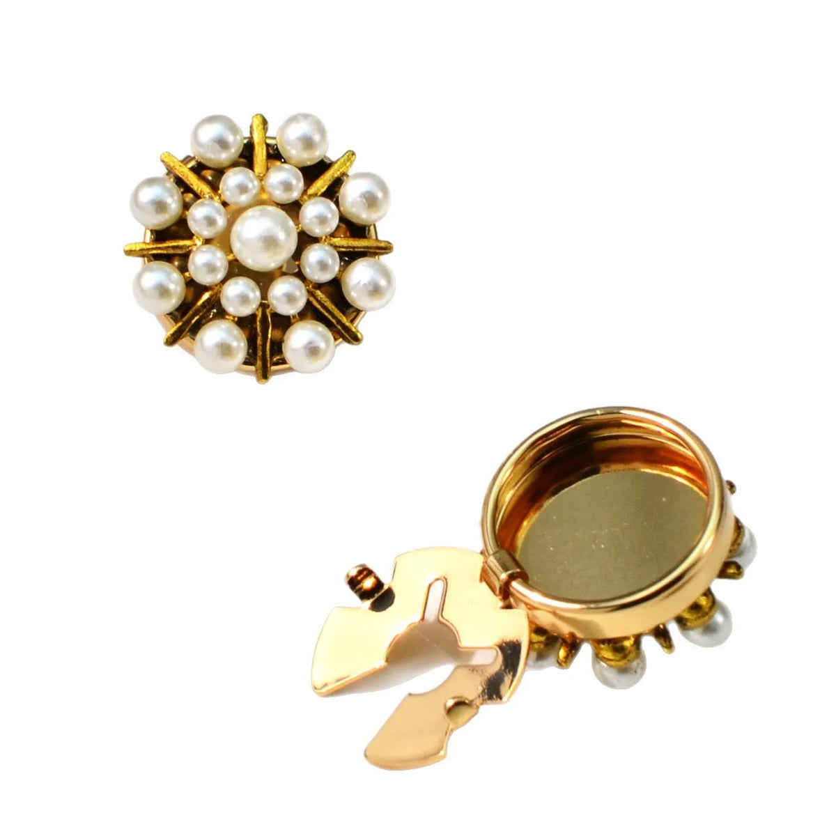Flower-shaped cufflink brooch with pearl and rhinestone detail on electroplated metal, unisex Korean style, single brooch