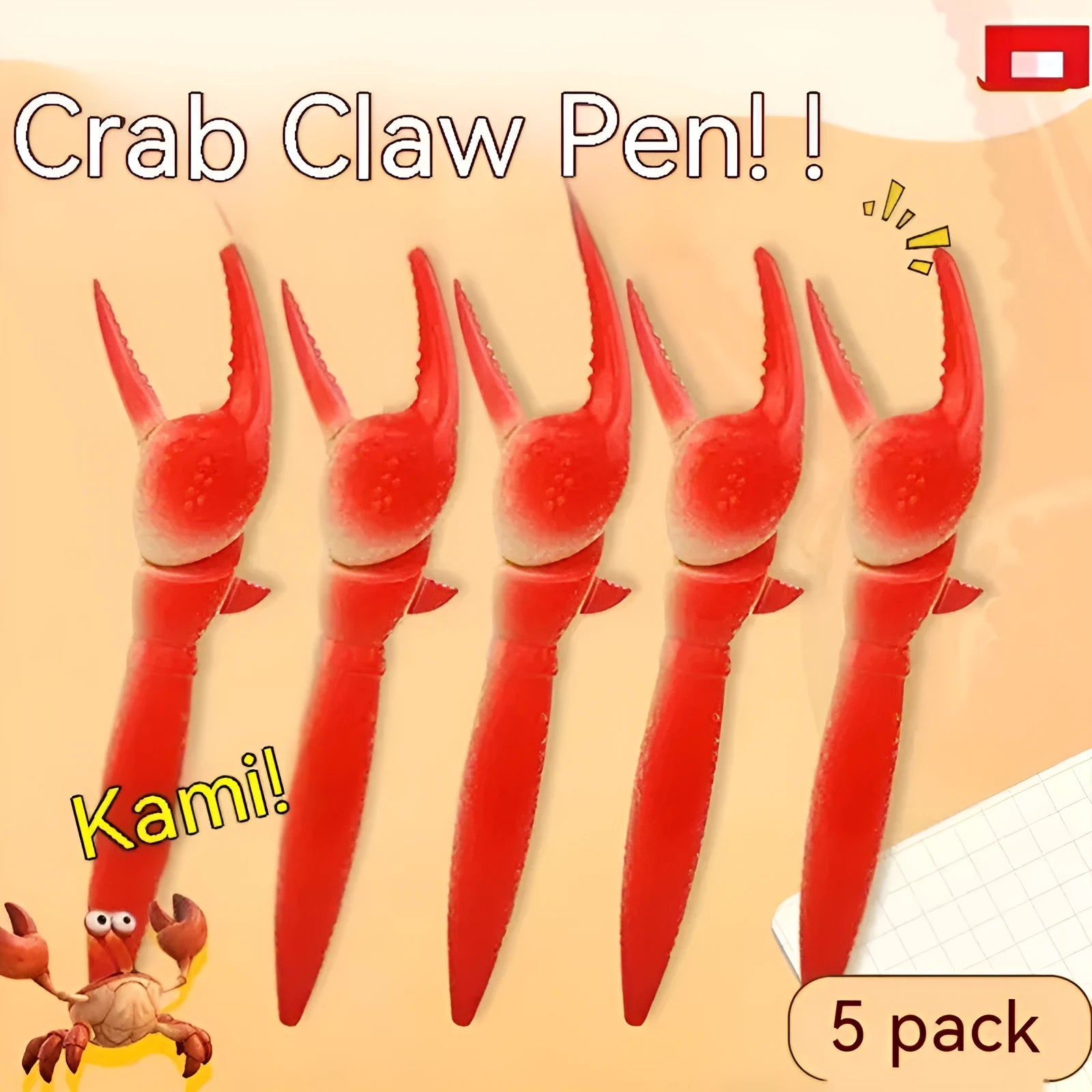Creative ballpoint pen with a blue plastic crab clip that can be pressed as a fidget toy.