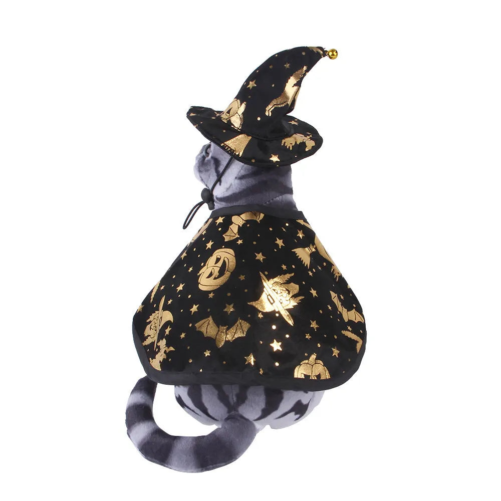 Halloween print wizard cloak suit for a pet dog or cat in cloth, with hat and cloak options in sizes S, M and L
