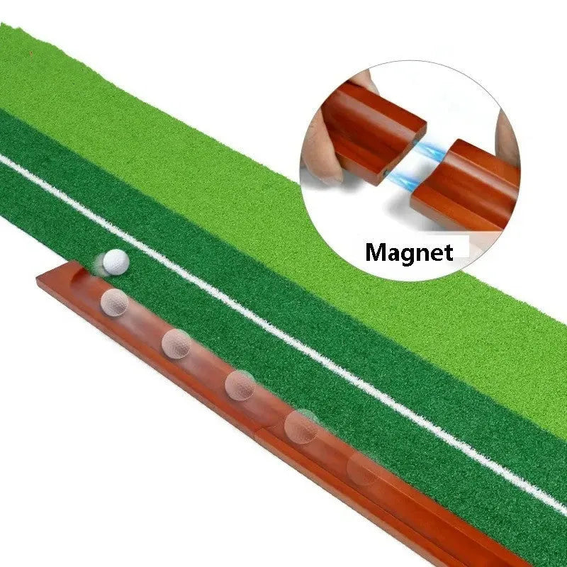 Indoor golf putting practice mat with solid wood frame, synthetic grass, and automatic ball return mechanism.