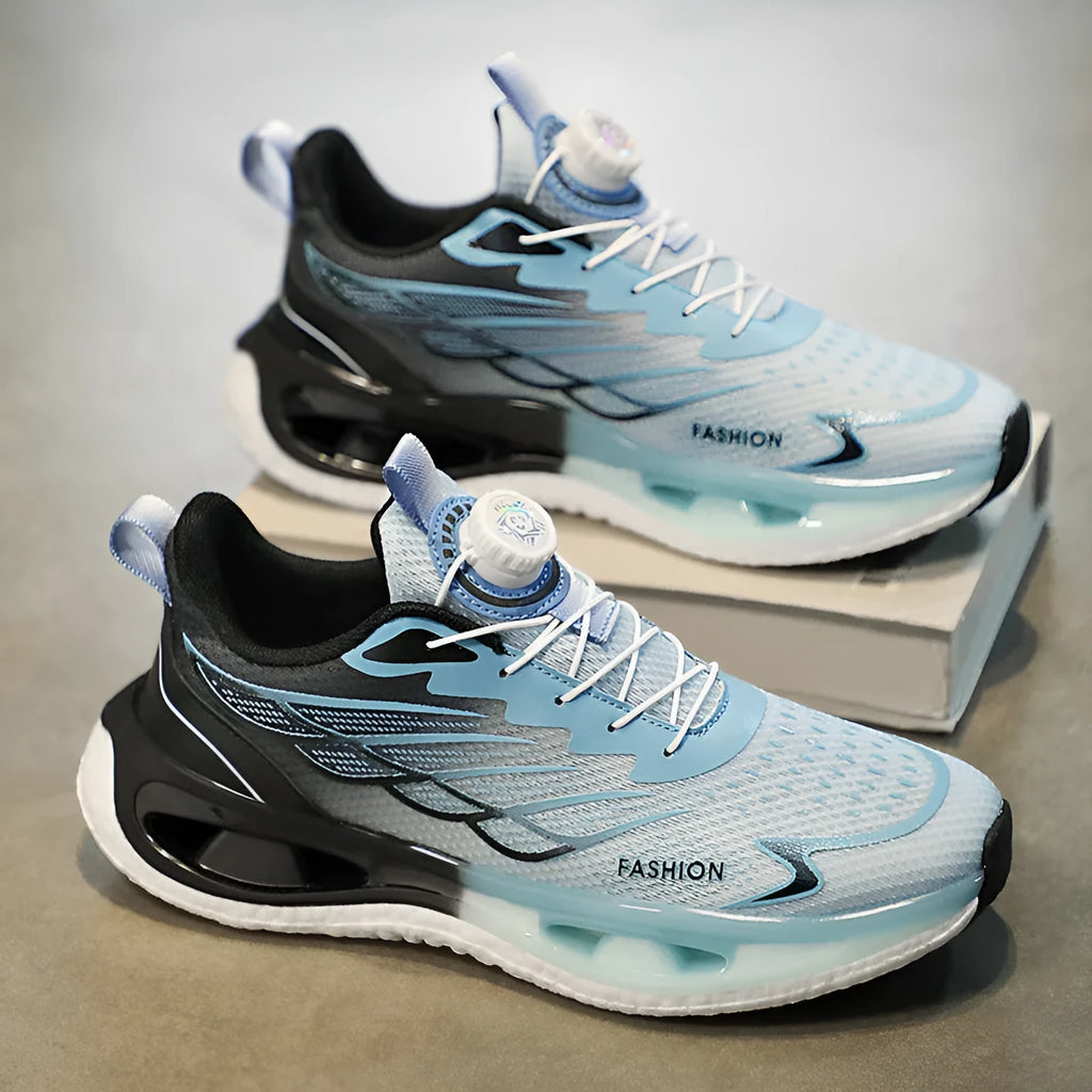 Men's low-top rotating button sneaker in black, light blue, or white and blue, with mesh or leather upper.