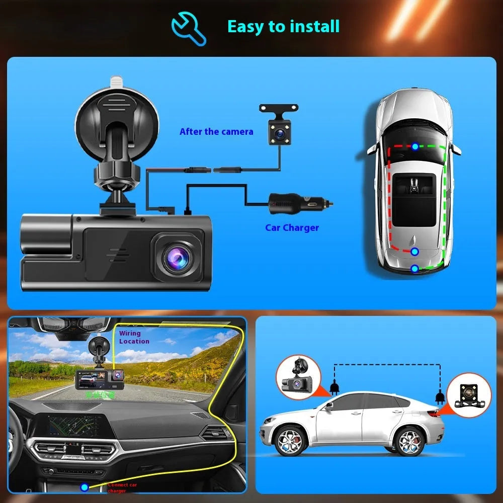 A compact black Wi-Fi dash cam with a 2.0-inch screen mounted on a car windscreen, showing a live road view.