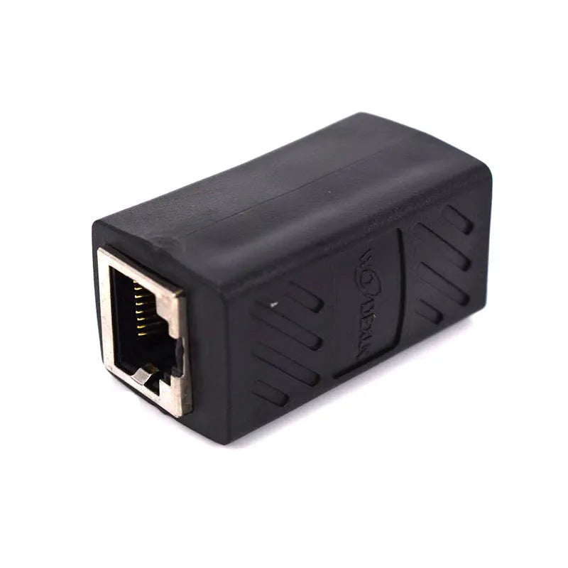 Black RJ45 network cable extender adapter with male and female connectors for joining Ethernet cables