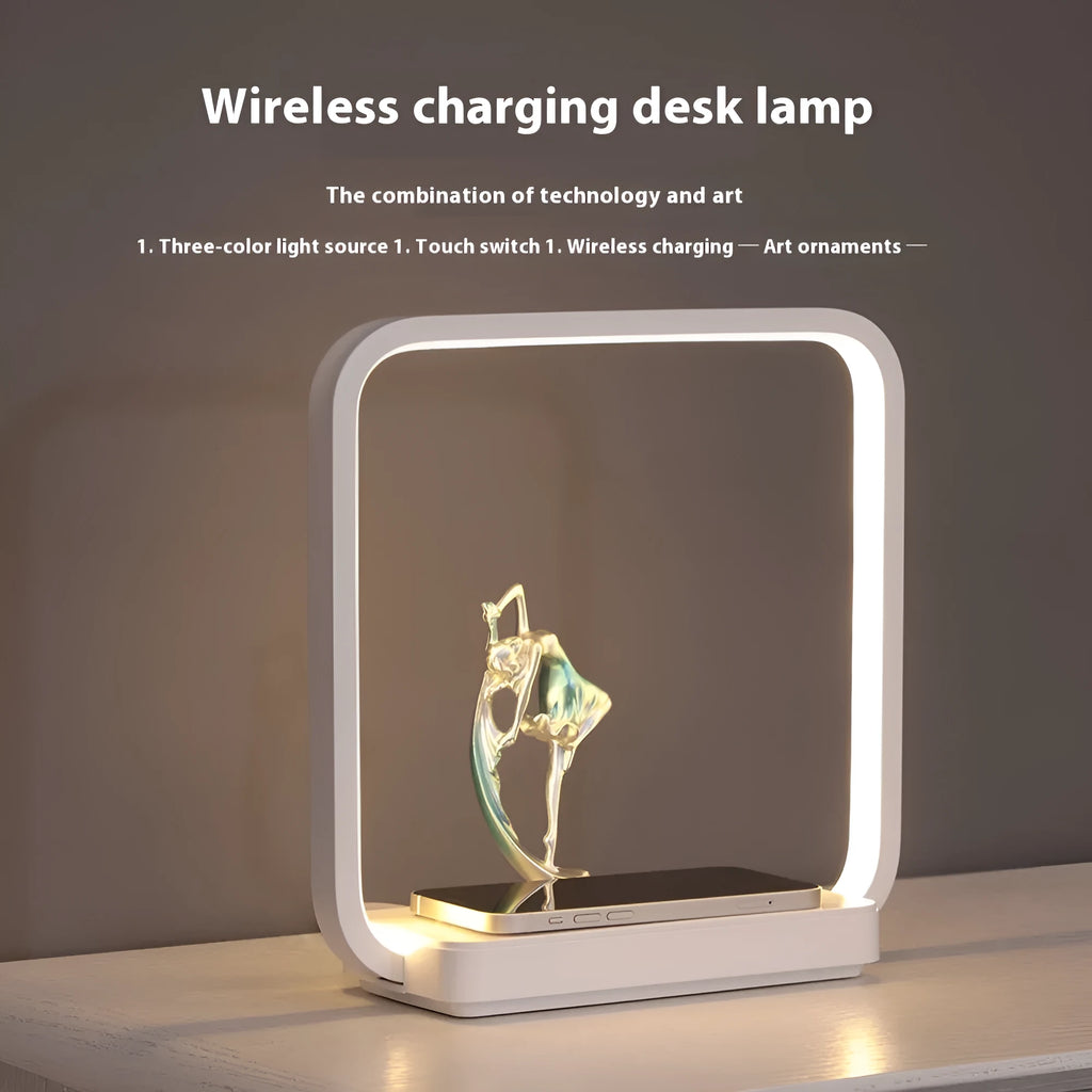Blue wireless charging table lamp with integrated phone charger and decorative night light