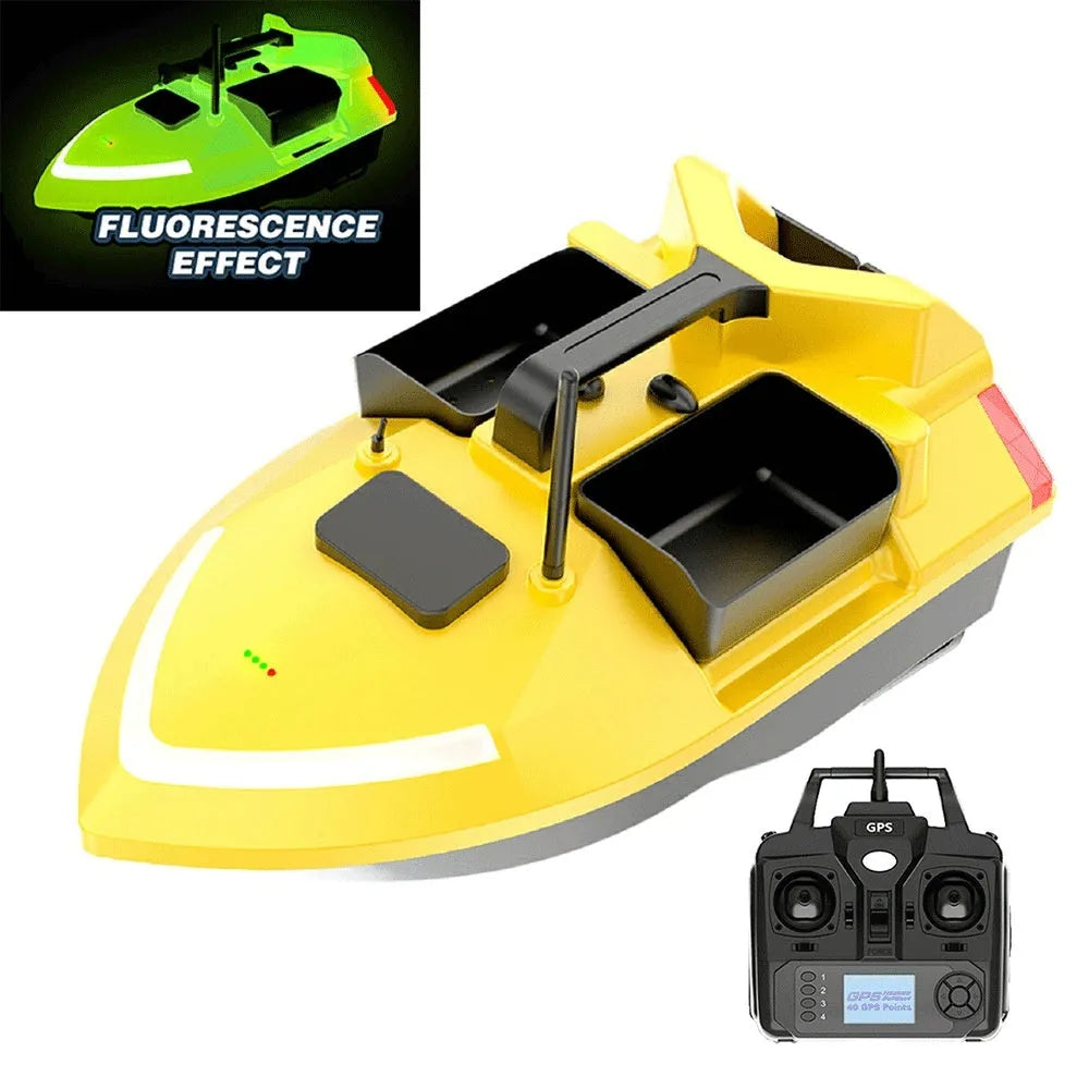 Yellow remote control fishing boat with GPS antenna on a calm lake at dusk, LED lights illuminated.