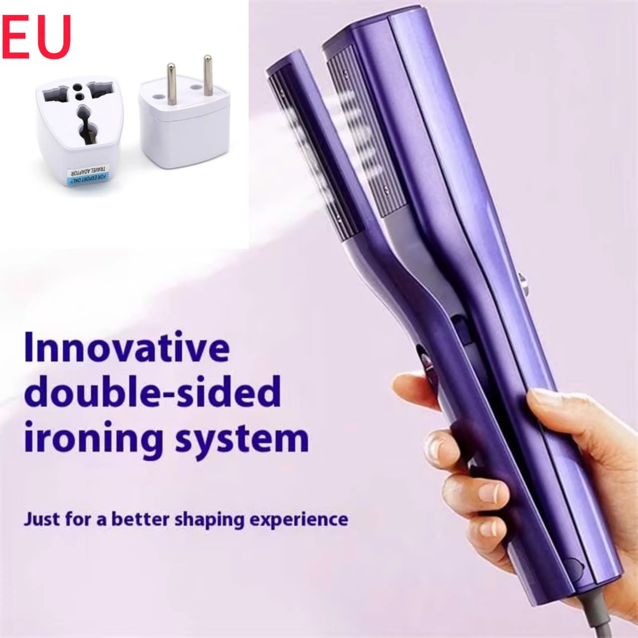 Handheld garment steamer with plastic housing showing steam control buttons and UK plug