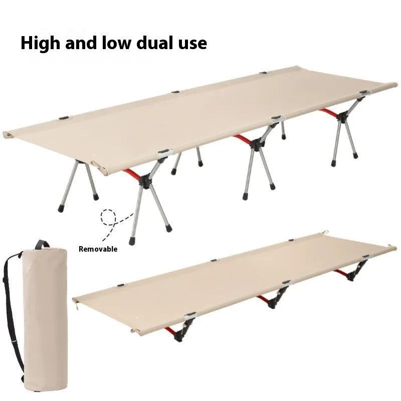 Steel frame portable folding bed in khaki colour with storage bag and components