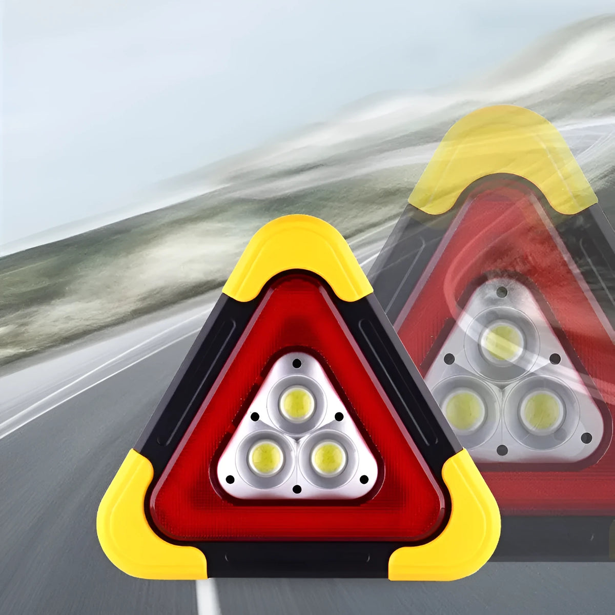 Car mounted tripod warning sign light in picture colour, large or small, with solar charging and 6400mAh battery.